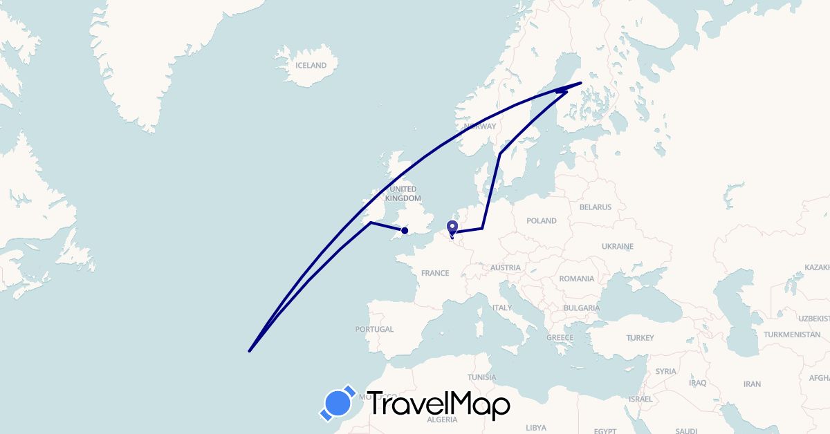 TravelMap itinerary: driving in Belgium, Germany, Finland, United Kingdom, Ireland, Portugal, Sweden (Europe)